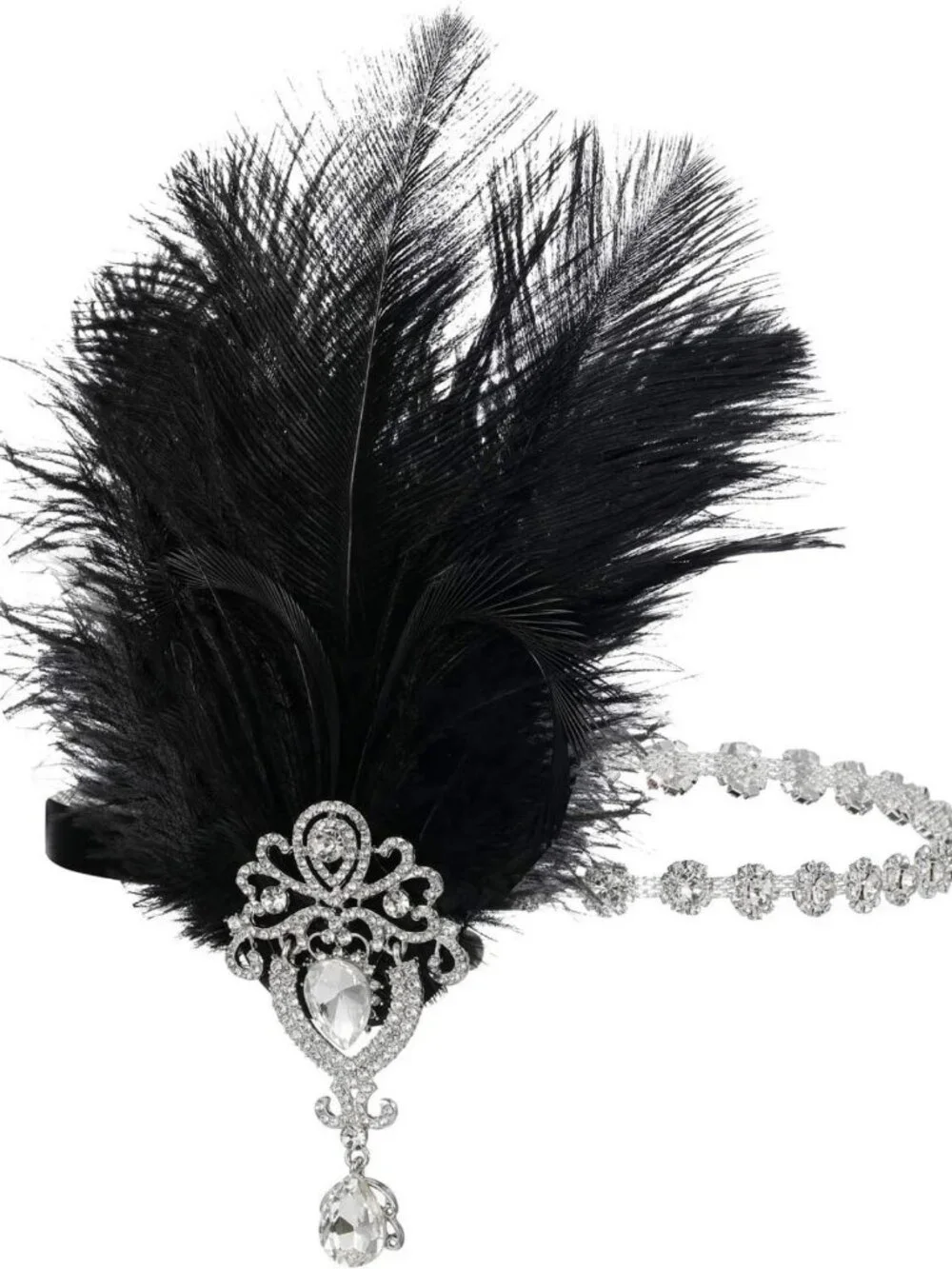 1920s Black Feather Headband with Crystals | Great Gatsby Hair Accessory for